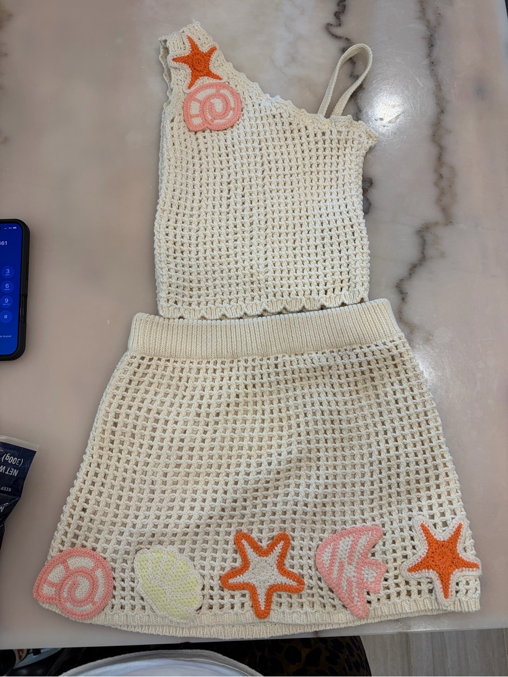 Zara Cream Crochet Two-Piece Set with Pink and Orange Shell Appliqués